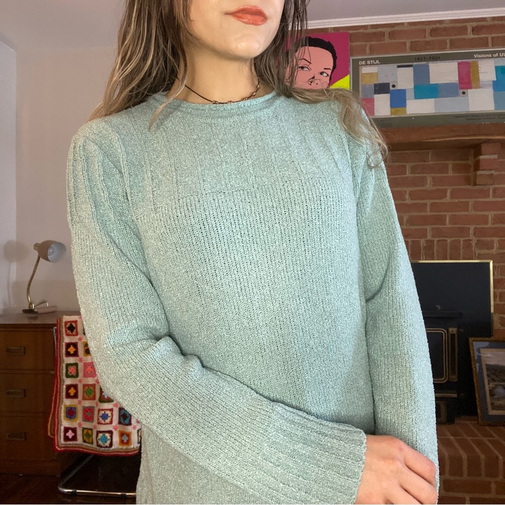 Vintage Y2K Chenille Pastel Soft Ribbed Knit Mockneck Tunic Sweater Craz… - Picture 3 of 15